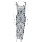 Slit contrast print sheer mesh see through u neck cami midi dress