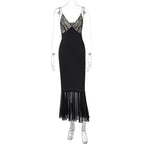 Lace patchwork contrast ruched v neck backless midi dress  | Festival Outfits Women