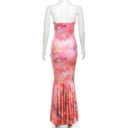 Lace up flower print contrast backless tube maxi dress