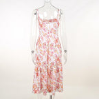 Ruched flower print contrast sleeveless midi dress
