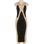 Sleeveless mesh contrast round neck midi dress