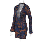 Long sleeve v neck turnover collar metal chain contrast mini dress