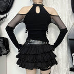 Off shoulder long sleeve fishnet patchwork buckle top  | Festival Outfits Women