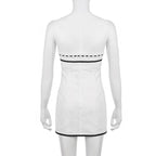 Textured contrast stitch self tie button backless tube mini dress