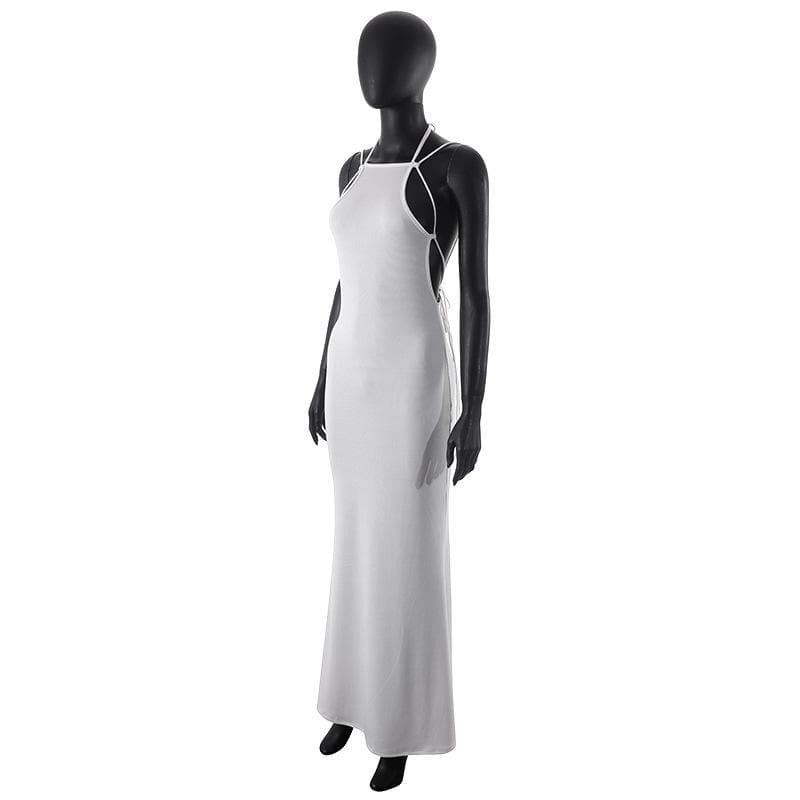 Ribbed halter self tie solid backless sleeveless maxi dress