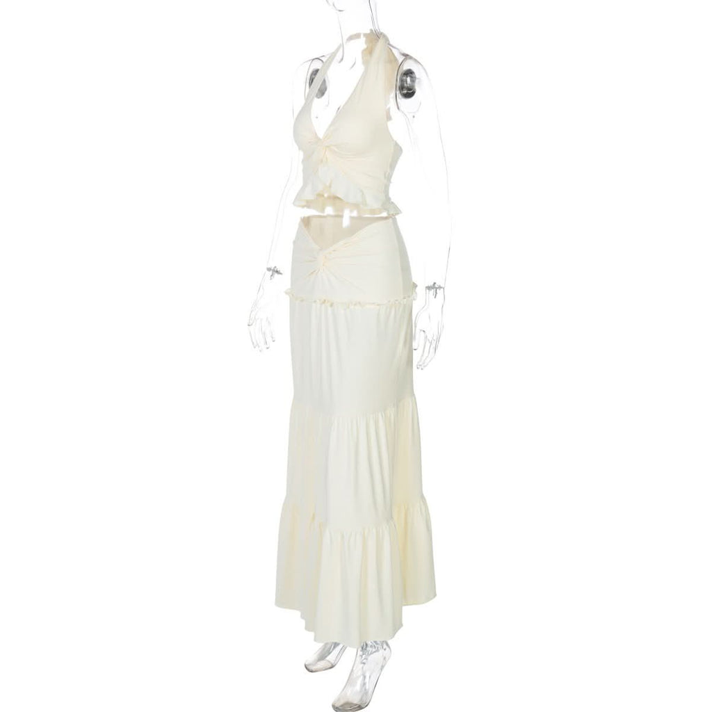 Halter v neck ruffle ruched maxi dress skirt set  | Festival Outfits Women