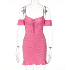 Ruched solid off shoulder ruffle backless self tie cami dress