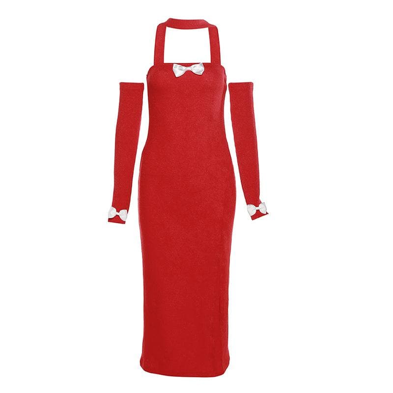 Solid halter bowknot applique slit gloves midi dress