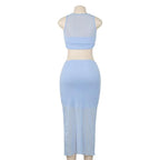 Crewneck sleeveless ruched mesh crop maxi skirt set  | Festival Outfits Women