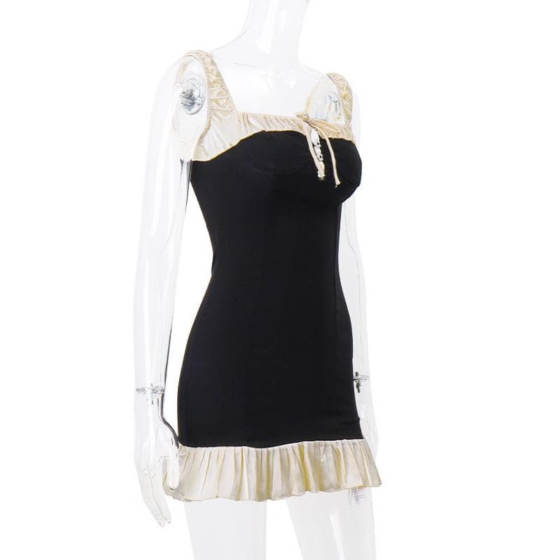 Sleeveless square neck ruffle patchwork contrast mini dress