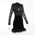 Lace solid see through long sleeve furry mini dress