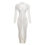Textured long sleeve solid see through ruched maxi dress
