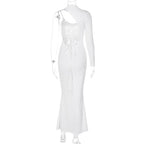 Solid irregular long sleeve backless ruffle self tie mermaid hem maxi dress
