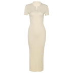 Solid Short sleeve V Neck open back Dress