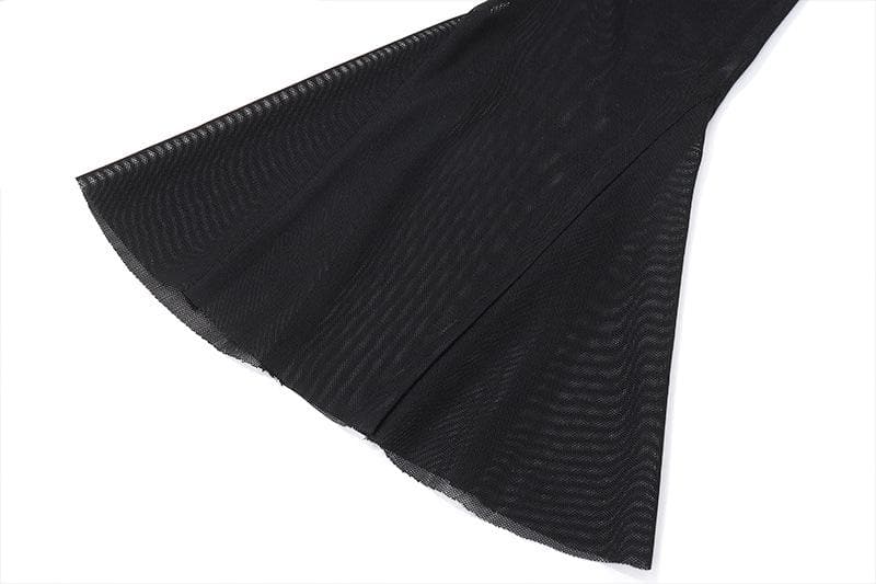 Long flared sleeve crewneck self tie mesh backless mini dress