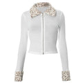 Zip-up long sleeve turnover collar leopard fluffy top  | Festival Outfits Women  | Cheetah Print Top