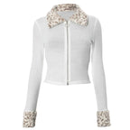 Zip-up long sleeve turnover collar leopard fluffy top  | Festival Outfits Women  | Cheetah Print Top