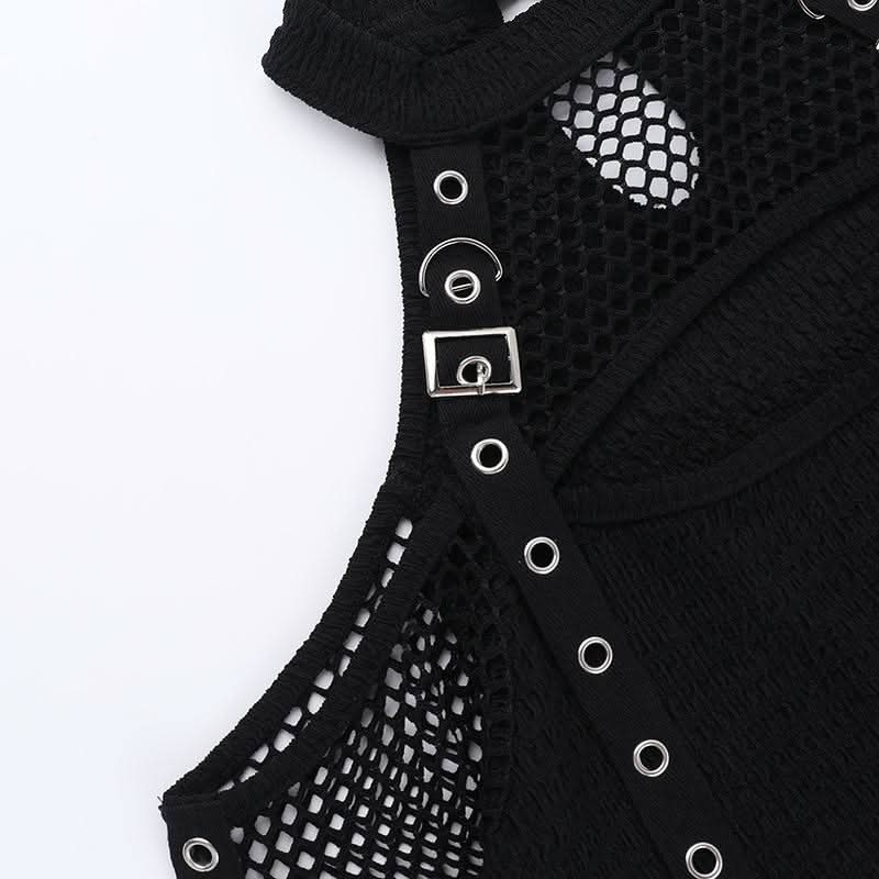 Off shoulder long sleeve fishnet patchwork buckle top  | Festival Outfits Women