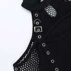 Off shoulder long sleeve fishnet patchwork buckle top  | Festival Outfits Women
