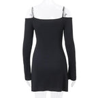 Long sleeve off shoulder textured hollow out cami mini dress - Final Sale