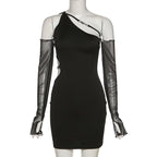 Long mesh sleeve off shoulder hollow out irregular dress