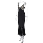 Lace patchwork contrast ruched v neck backless midi dress  | Festival Outfits Women
