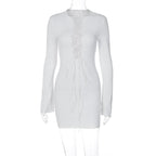Lace up solid long sleeve ribbed self tie mini dress  | Festival Outfits Women