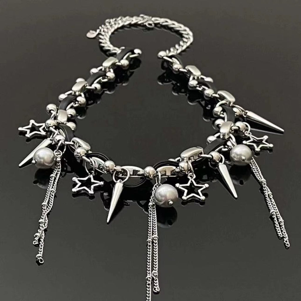 Beaded star rivet tassels PU leather necklace  | Festival Outfits Women
