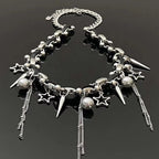 Beaded star rivet tassels PU leather necklace  | Festival Outfits Women