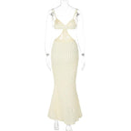 Solid hollow out waffle backless cami midi dress