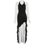 Halter cowl neck flower applique ruffle maxi dress  | Festival Outfits Women