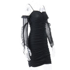 Solid ruched backless ruffle mesh mini dress