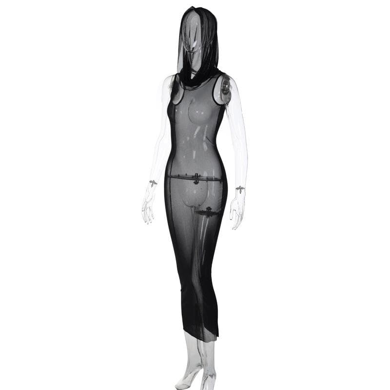 PRE ORDER - Sheer mesh see through hoodie sleeveless maxi dress