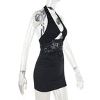 Halter self tie hollow out lace ruched cut out mini dress  | Festival Outfits Women