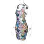 Sleeveless u neck lottery print contrast mini dress