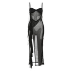 Sweetheart neck ruffle high slit sheer mesh cami midi dress  | Festival Outfits Women