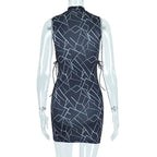 Sleeveless contrast hollow out lace up self tie mini dress