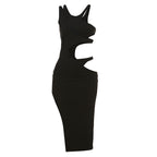 Ribbed solid hollow out sleeveless irregular slit midi dress