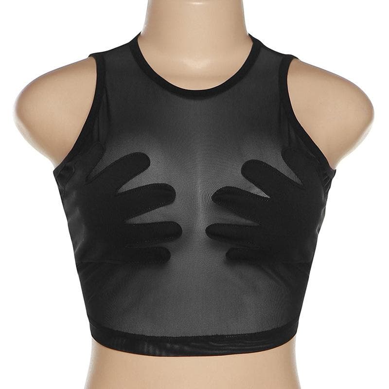 Sheer mesh see through palm embroidered crewneck crop top