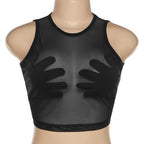 Sheer mesh see through palm embroidered crewneck crop top