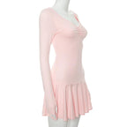 Ruched long sleeve v neck solid gloves ruffle mini dress