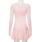 Ruched long sleeve v neck solid gloves ruffle mini dress