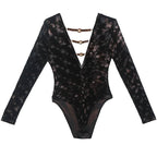 Long sleeve deep V neck beaded mesh bodysuit  | Festival Outfits Women