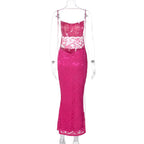 Lace solid square neck ruched spaghetti strap backless maxi dress