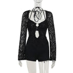 Long sleeve halter self tie lace hollow out romper  | Festival Outfits Women