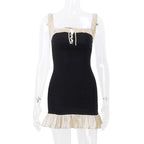 Sleeveless square neck ruffle patchwork contrast mini dress