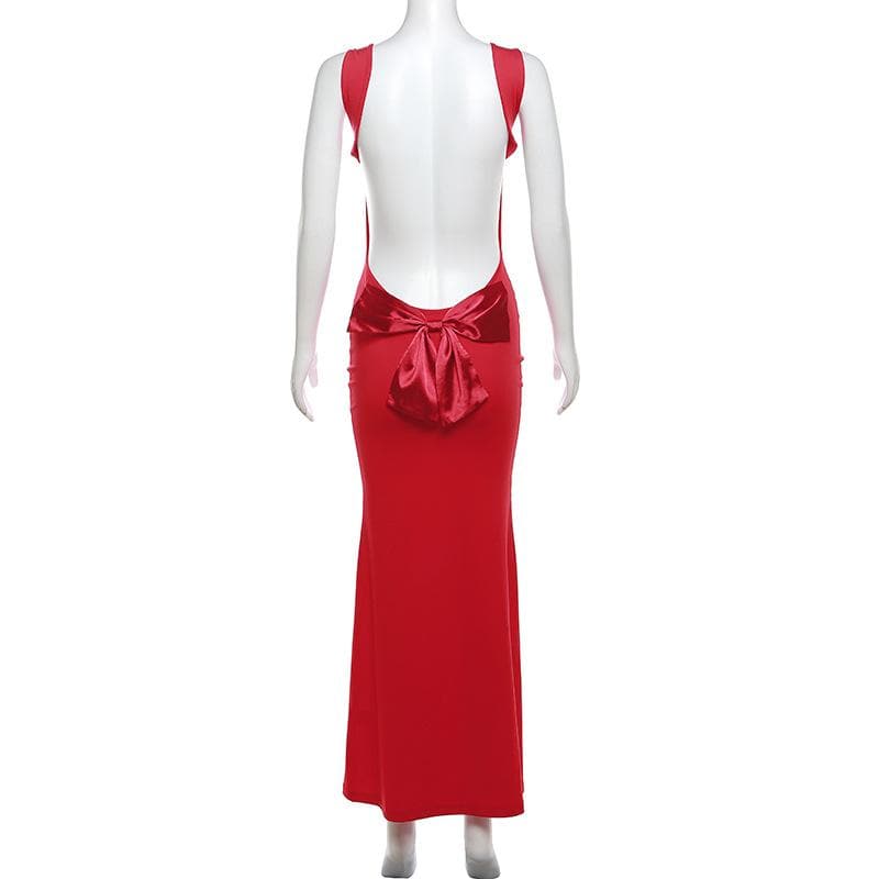 Cowl neck bowknot backless solid cami maxi dress  | Festival Outfits Women