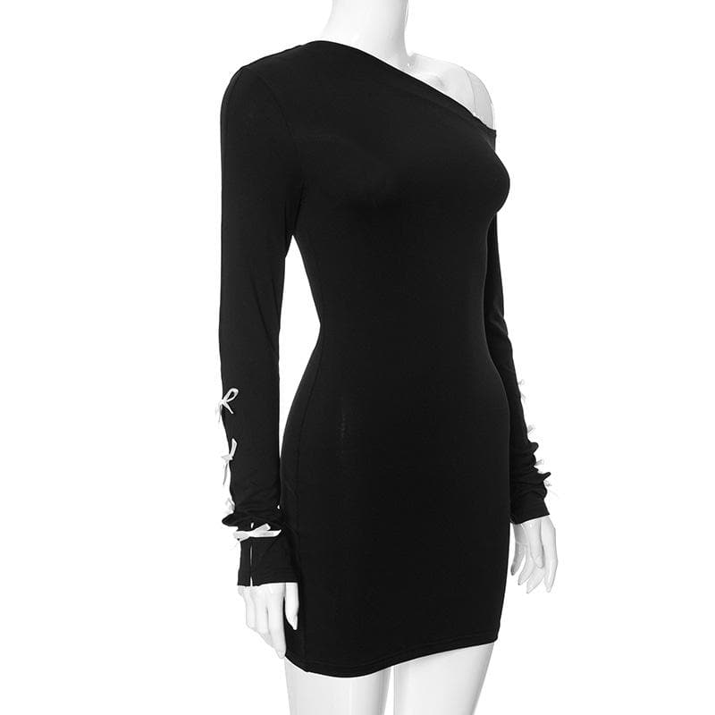 Long sleeve one shoulder irregular bowknot hollow out mini dress