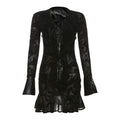 Long sleeve v neck self tie ripple button mini dress  | Festival Outfits Women