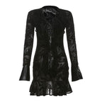 Long sleeve v neck self tie ripple button mini dress  | Festival Outfits Women